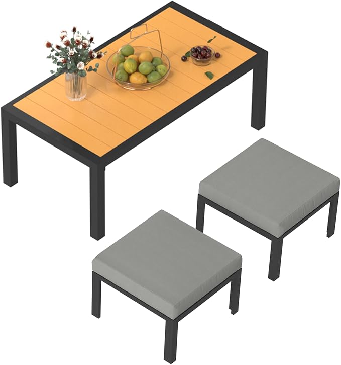 HOMREST Oversized Patio Furniture Set Ottoman with Coffee Table, 2-Piece Aluminum Footstool w/Removable Cushion, Multipurpose Footrest Additional Seating, Set of 2 for Patio Deck (Gray)