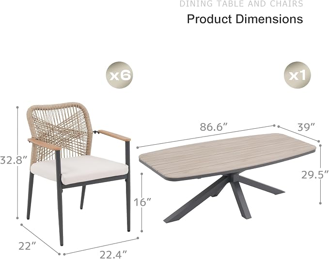 SUNSITT 7 Piece Outdoor Patio Dining Set, Patio Dining Furniture Set with 87” Aluminum Dining Table w/X Base Legs and 6 Woven Wicker Patio Chairs w/WPC Armrests for Garden, Dark Grey