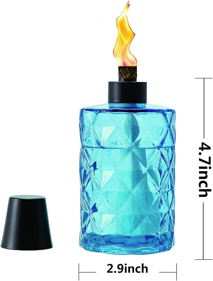 4 Pack Blue Glass Table Top Torches with Wick and Cap,Citronella Torches Outdoor,Refillable Flame Light Torch,Decorative Tabletop Lantern for Yard,Patio,Deck,Garden,Outdoor Party,Landscape