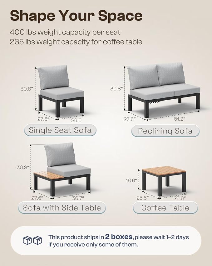 Aluminum Outdoor Patio Furniture Set, 4 Seats Modular Patio Sectional Sofa Set with Adjustable Backrest & Removable Cushions, All-Weather Outdoor Conversation Sets for Garden & Yard, Gray