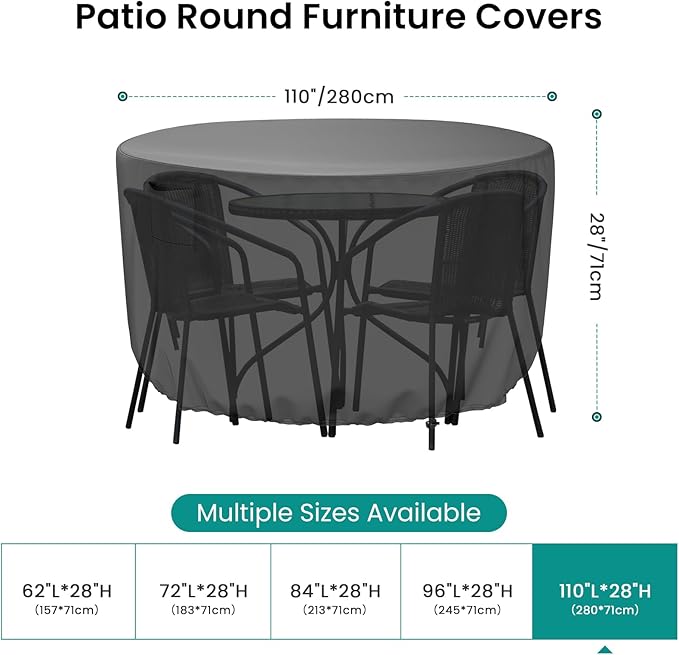 Mrrihand Round Patio Furniture Cover, Waterproof Heavy Duty 600D Outdoor Table Covers Anti-Fading Cover for Outdoor Furniture Set, 110"DIAx28"H, Black