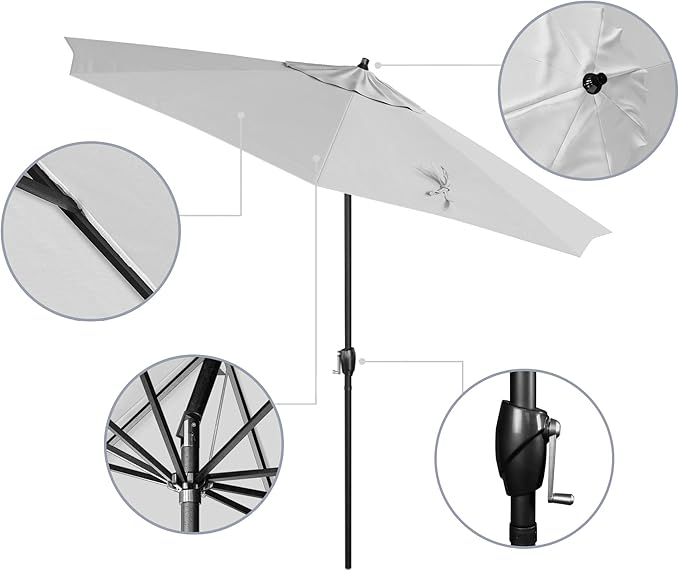 California Umbrella 12-Year Protection 9' Rd Aluminum Patio Umbrella, Crank Lift, Auto Tilt, Black Finish, Sunbrella Natural
