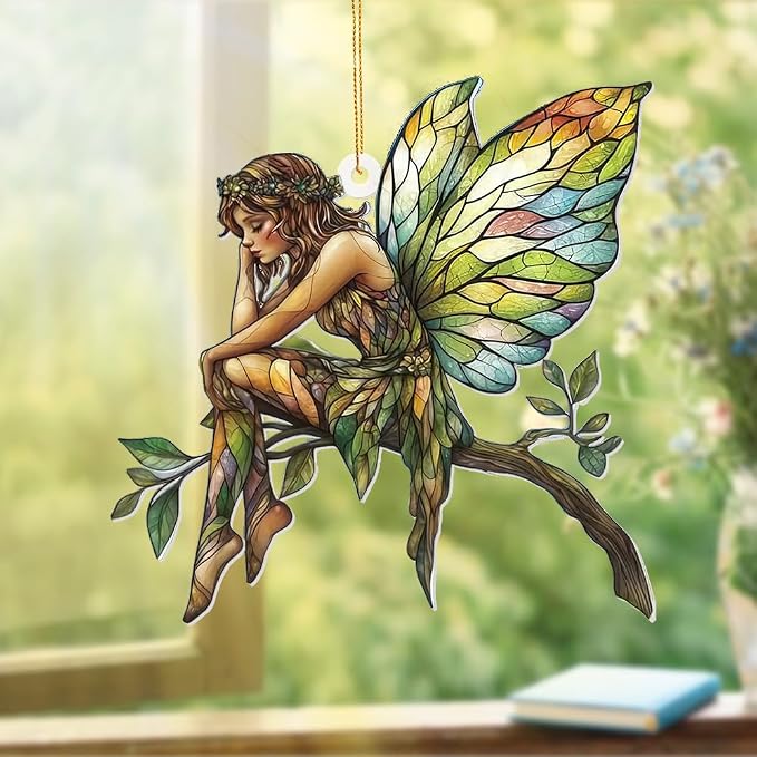 Stained Glass Fairy Ornament – Acrylic Suncatcher Window Hanging, Woodland Fantasy Decor, Christmas Tree Ornament 2026, Car Rearview Mirror Charm, Gift for Fairy Lovers, Women, Girls, Teachers(Sun-10)