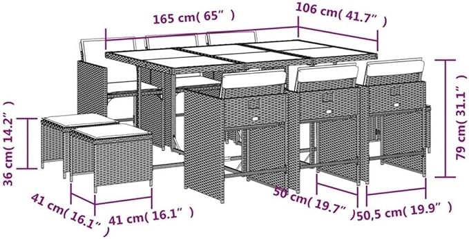 Afuera Living 11-Piece Poly Rattan Patio Dining Set, Gray Powder-Coated Finish, Cushioned Seats, Foldable Chairs and Stools, UV-Resistant Outdoor Garden Furniture for Terrace or Balcony, 10-Seater