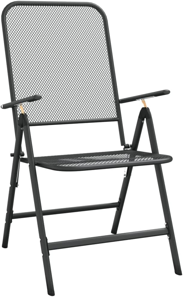 3 Piece Patio Dining Set Expanded Metal Mesh Anthracite Outdoor Folding Chairs with 7 Position Adjustable Backrest E-Coating Weatherproof Table for Garden Balcony Backyard