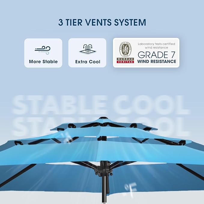 wikiwiki 9ft 3-Tier Patio Umbrella Outdoor Table Market Umbrella for Patio with Push Button Tilt/Crank, Fade Resistant Waterproof POLYESTER Canopy for Garden, Lawn, Deck, Backyard & Pool, Sky Blue