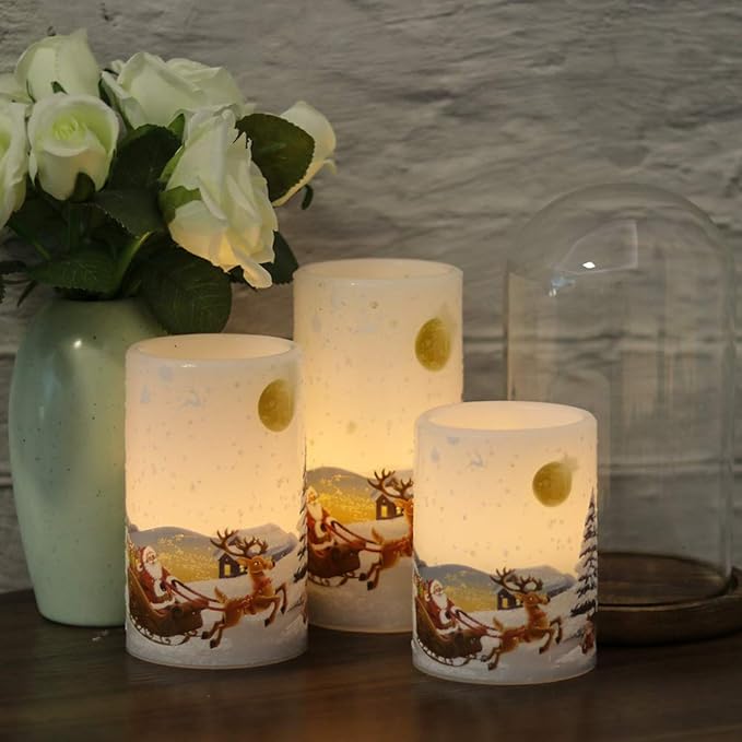 GenSwin Christmas Santa Clause Flameless Candles Flickering Battery Operated with Timer, Real Wax Led Pillar Candles Warm Light, Christmas Snowman Santa Clause and Deer Home Decor Gift(Pack of 3)