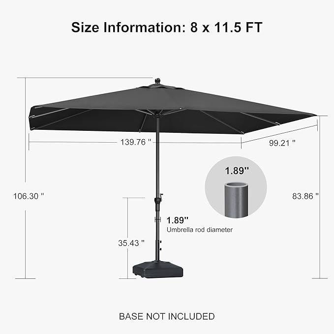 PURPLE LEAF 11.5' x 8' Patio Market Umbrella Outdoor Table Sun Umbrellas with Crank 8 Aluminum Sturdy Ribs for Pool Deck Backyard Beach Black