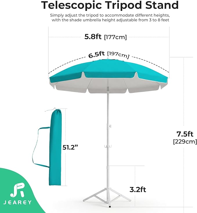 JEAREY 6.5ft Sun Shade Umbrellas, Portable Umbrella with Stand, Lightweight Sun Protection Free Standing Sport Umbrella for Outdoor Sports, Camping, Fishing, Patio, Beach, Peacock Blue