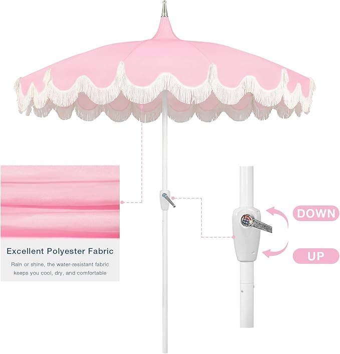 7.5ft Pagoda Patio Umbrella with Fringe, UPF50+ Tassel Umbrella with Crank & Fiberglass Ribs, Holiday Outdoor Umbrella for Garden Pool Lawn Yard Table