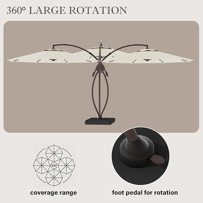 Cantilever Umbrella with Heavy-Duty Base, Outdoor Large Round Aluminum Offset Umbrella for Patio Garden Backyard, UV-Resistant Waterproof Canopy, 360° Rotation & Tilt Adjustment