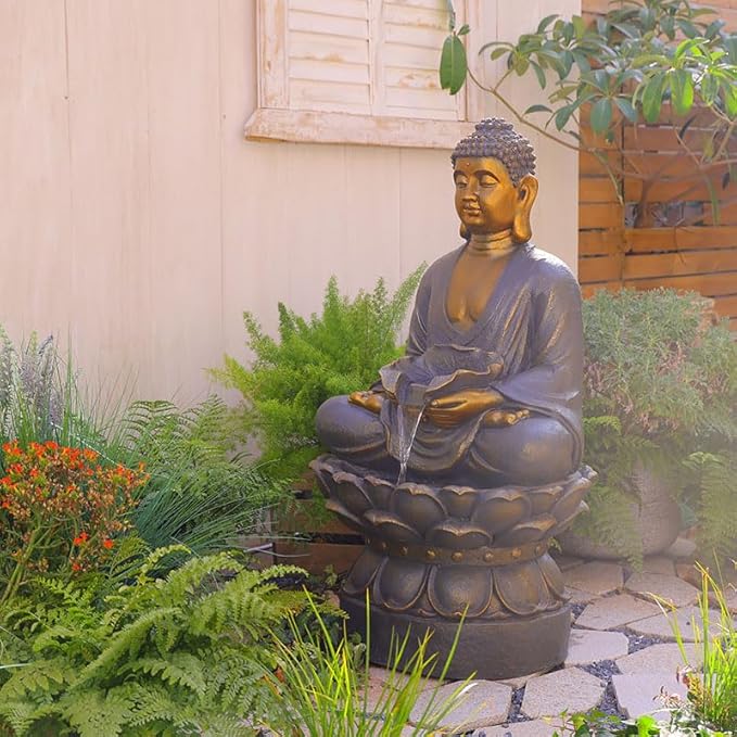 Tankana 45" Zen Buddha Water Fountain Outdoor with LED Light Large Indoor Waterfall Fountains for Patio Garden Balcony Backyard Relaxing Decorative Water Feature，Gold