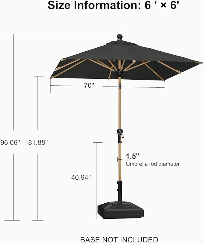 PURPLE LEAF 6' x 6' Patio Umbrella Outdoor Table Umbrella Square Aluminum Market Umbrella with with Push Button Tilt & 8 Sturdy Ribs and Crank Outdoor Umbrellas for Garden Deck Patio, Black