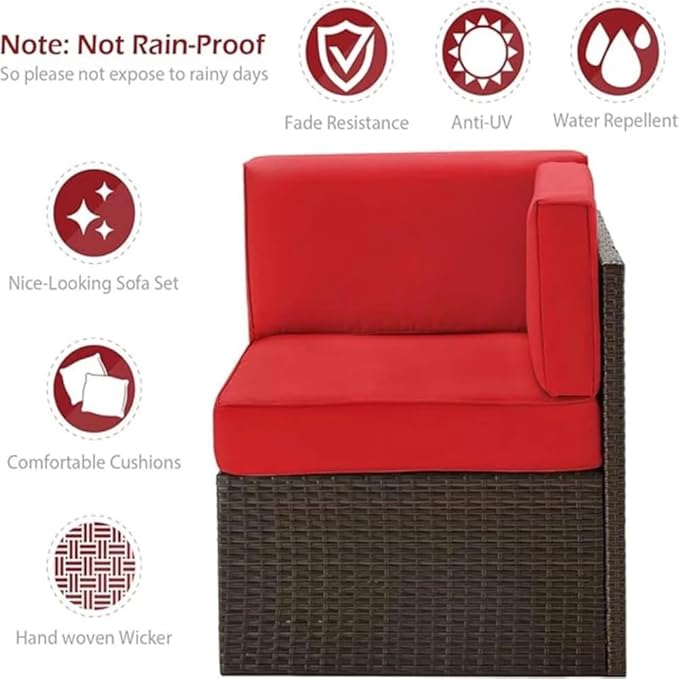 U-MAX 7 Piece Outdoor Patio Furniture Set with Extra 30 Inch Fire Pit Table, PE Rattan Wicker Sofa Set, Outdoor Sectional Furniture Chair Set with Cushions and Tea Table, Brown Rattan&Red Cushion