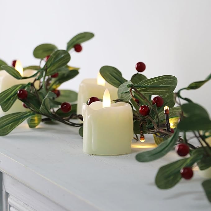 Rhytsing 2" Ivory Flameless Votive Candles Real Wax Dripping Design, LED Faux Battery Operated Tealight Candles with Timer for Christmas Wreath - Set of 4