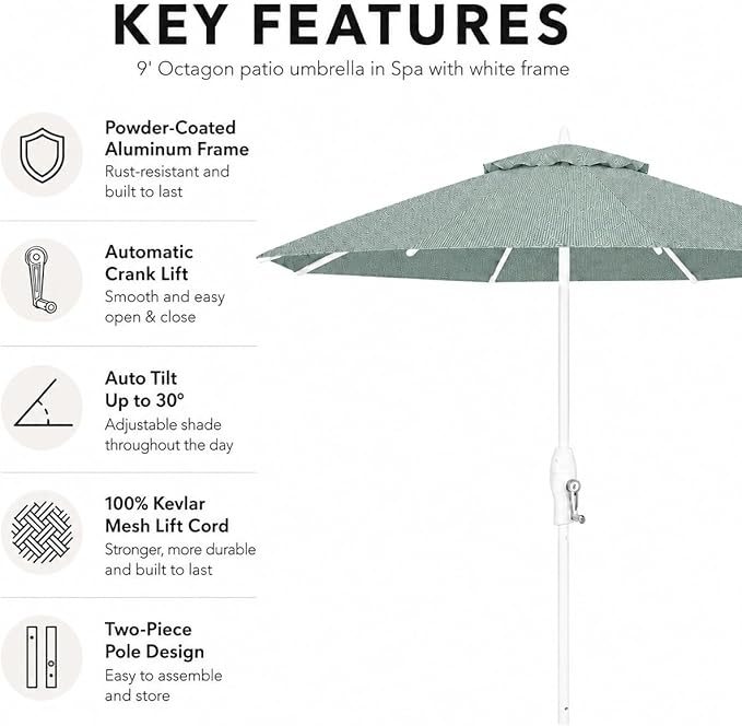Treasure Garden 9ft Patio Umbrella - Outdoor Furniture Market Umbrella – Deluxe Auto-Tilt – White Aluminum Frame (Sunbrella, Spa)