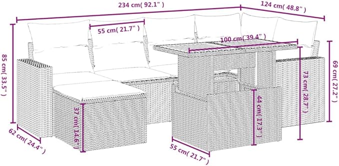 vidaXL Patio Sofa Set with Cushions 7 Piece, Outdoor Conversation Set, Sectional Sofa for Balcony Garden, Modern Style, Gray Poly Rattan