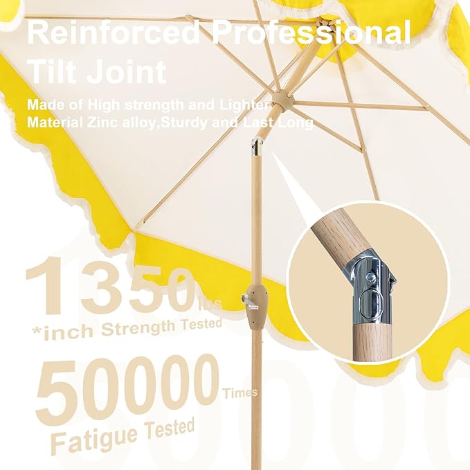 Tempera 9ft Scalloped Patio Umbrellas with Fringe, Market Umbrellas with Water-Resistant and Fade Resistant Canopy, 1.5" Wood Pole & Button Tilt.