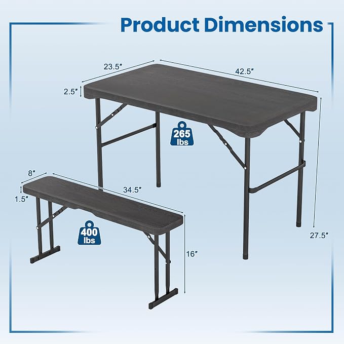 Tangkula Picnic Table with 2 Benches, 3 Piece Folding Picnic Table Set with HDPE Tabletop, Sturdy Metal Frame, 4 Person Plastic Folding Table for Indoor Outdoor Use (Black)