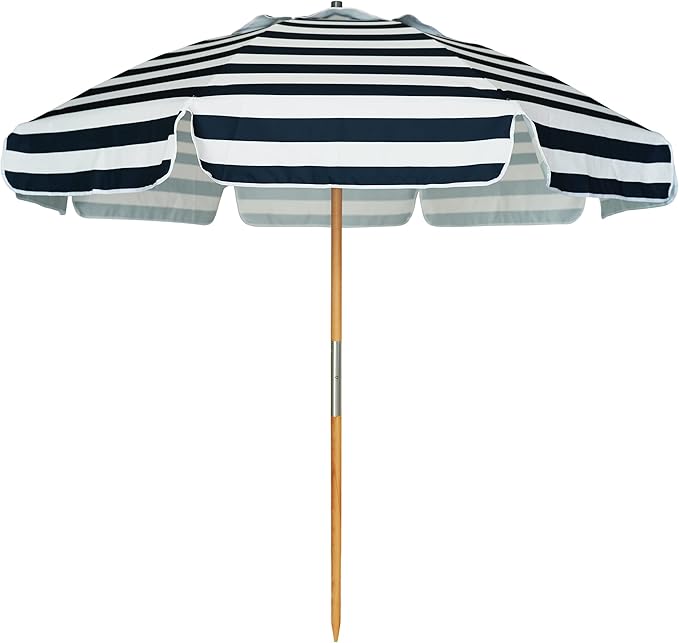 AMMSUN 7.5ft Heavy Duty HIGH Wind Beach Umbrella Commercial Grade Patio Beach Umbrella with Air Vent Ash Wood Pole & Carry Bag UPF50+ Protection Navy Stripe