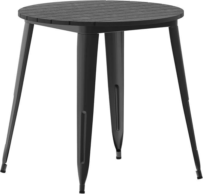 EMMA + OLIVER Drew Dining Table - Black 30" Round Poly Resin Table Top - Black Steel Base - All-Weather for Indoor/Outdoor Use