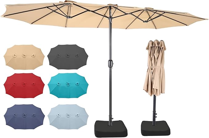 15ft Patio Umbrella with Base, 10-Year-No-Fade Large Outdoor Double-Sided Market Umbrella with UPF50+Terylene Polyester Fabric and Crank for Poolside Garden Deck Backyard Beach Pools