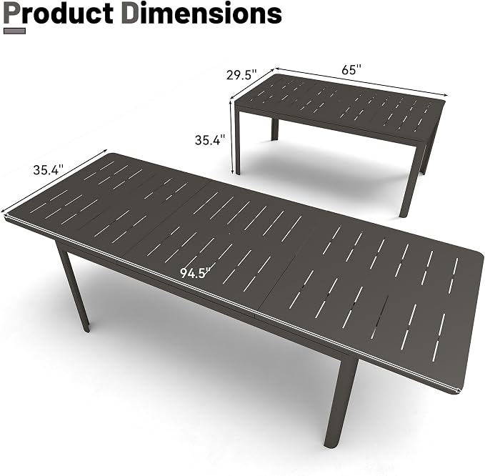 All Aluminum Expandable Patio Dining Table for 6-8 People, Extendable Outdoor Dining Room Table, All Weather Patio Furniture, Rectangular Metal Table with Adjustable Width 65"- 95", Dark Brown
