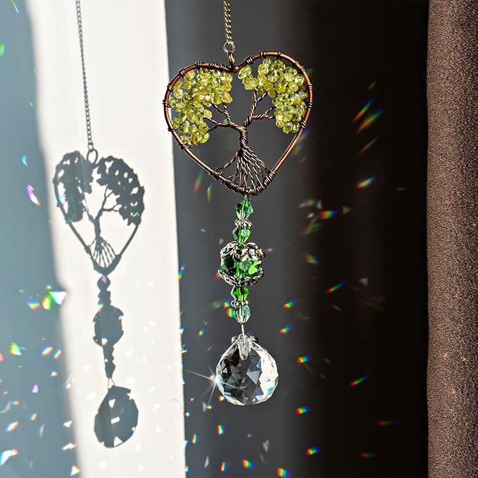 Green Tree of Life Crystal Suncatcher Car Rear View Mirror Charm Decor | Crystal Tree of Life Suncatcher Rainbow Maker Feng Shui Pendant for Car Rear View Mirror Window Garden Home Office Decor