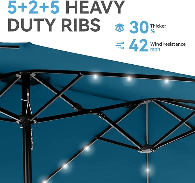 GREEN PARTY 15 ft Large Outdoor Patio Umbrella with Solar Led Lights & Base Included, Double-Sided Rectangular Table Umbrella with Stand, Market Umbrellas for Deck Poolside Garden Backyard, Cerulean