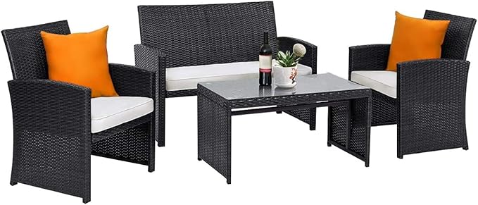 COSTWAY 4 Pieces Patio Rattan Furniture Set, Outdoor Wicker Conversation Set with Soft Cushions & Tempered Glass Coffee Table, Cushioned Chair Sofa for Backyard, Porch, Poolside, Lawn, Garden, White