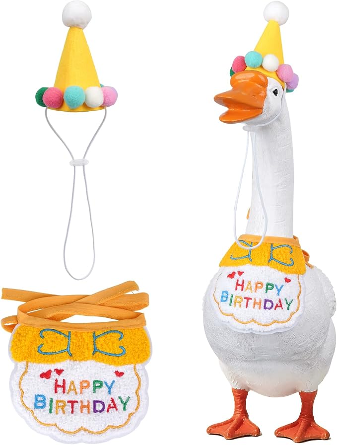 Jmkcoz Birthday Porch Goose Outfits Lawn Goose Statue Costume with Party Hat Bandana for 23" 17" Cement Plastic Statue Patio Yard Garden Outdoor Decor (Yellow)