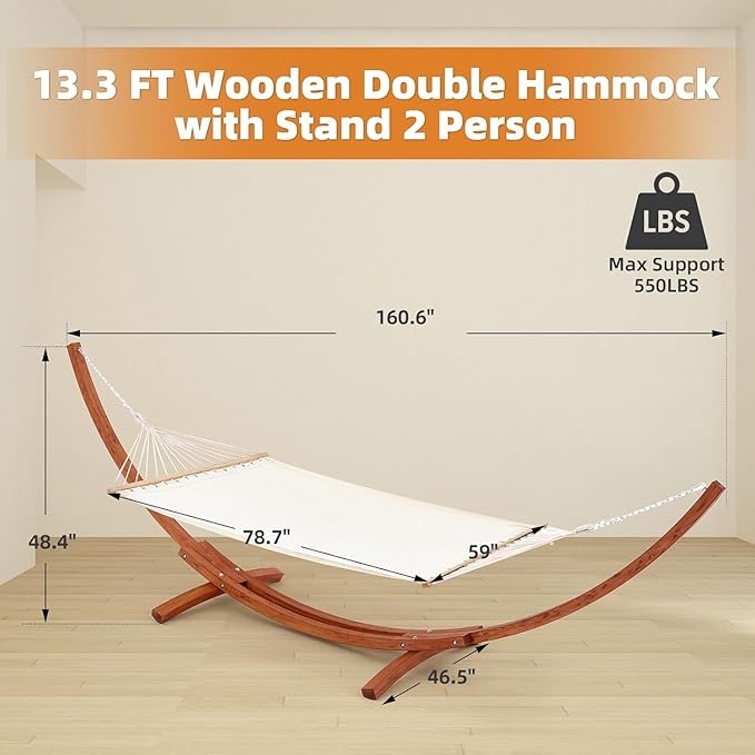 ECOTOUGE 13 FT Hammock with Stand, Heavy Duty Hammock Stand, 2 Person Heavy Large Hammock Bed for Porch, Patio, Balcony, Garden, Backyard, Load 550lbs 550LBS, White-Yellow