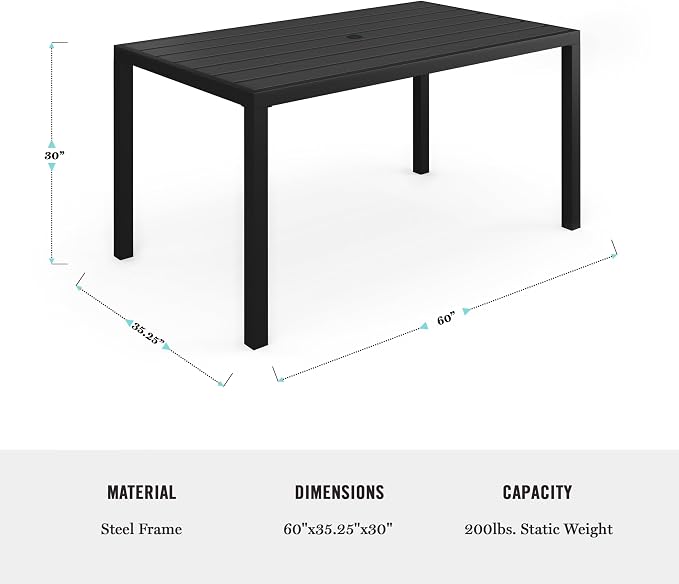 Martha Stewart Lily Pond 60" All-Weather Patio Table with Slatted Tabletop, Umbrella Hole, and Steel Frame in Black
