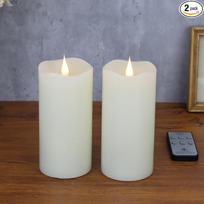TECHLONG Flameless Candles with Remote Timer, 3D Moving Flickering Flame Battery Operated Candles Lasting 1000+ Hours, 6" x 3" Ivory Real Wax Electric LED Pillar Candles, Set of 2