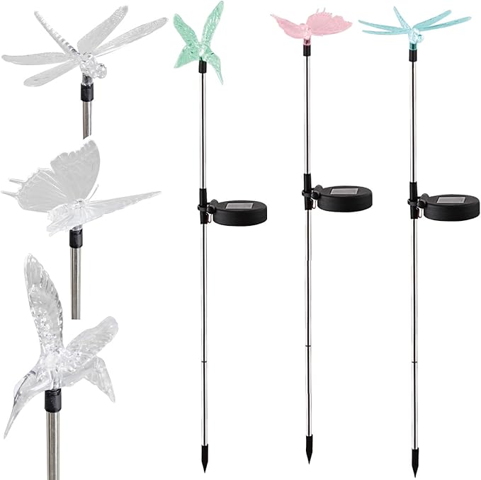 Outdoor Solar Powered LED Garden Light Landscape Lighting Waterproof Multicolor Color Changing Stake Light for Patio Yard Pathway Flowerbed Lawn Christmas Decorations Butterfly Dragonfly Hummingbird
