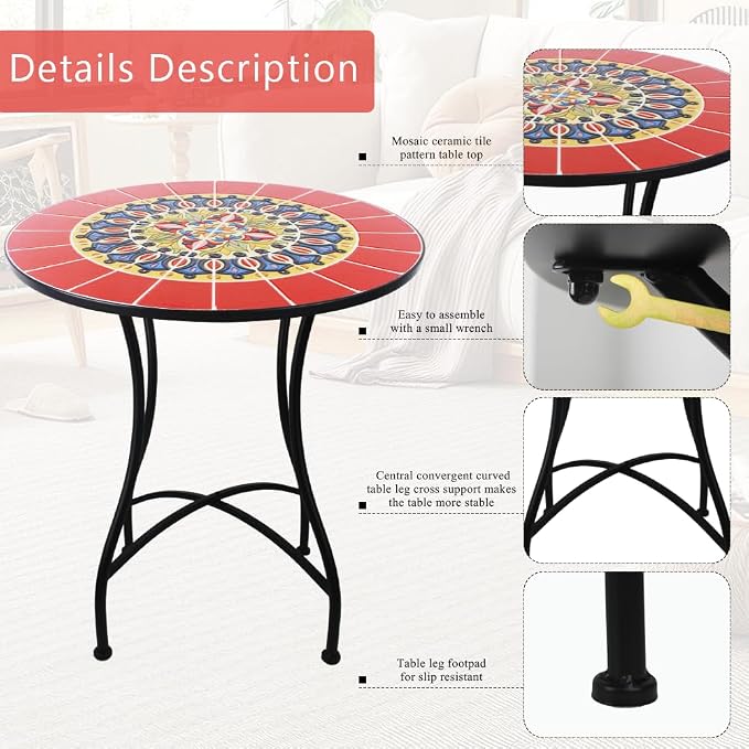 24 Inch Mosaic Patio Round Side Table with X-Curved Legs Indoor and Outdoor Accent End Table for Yard, Garden, Living Room, Bistro, B - Red Mandala