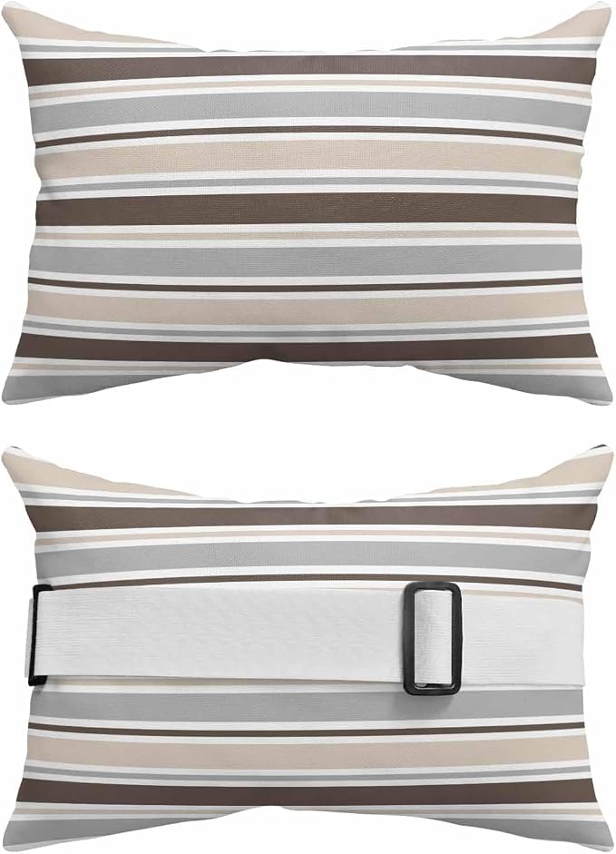 Pack of 4 Outdoor Lumbar Pillow Covers 12x20 Inch, Khaki Grey Striped Waterproof Throw Pillow Covers Set, Farmhouse Stripes Modern Abstract Art Outside Decorative Cushion Cases for Patio Porch Car