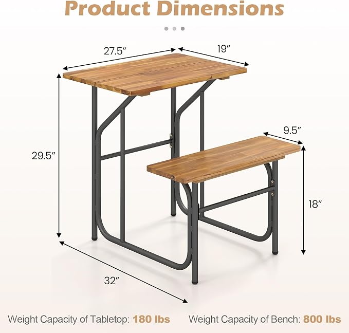 Tangkula Patio Dining Bench Set, Heavy-Duty Outdoor Acacia Wood Dining Furniture with Metal Legs for Balcony, Backyard, Poolside, Garden (1,32” x 27.5” x 29.5”)