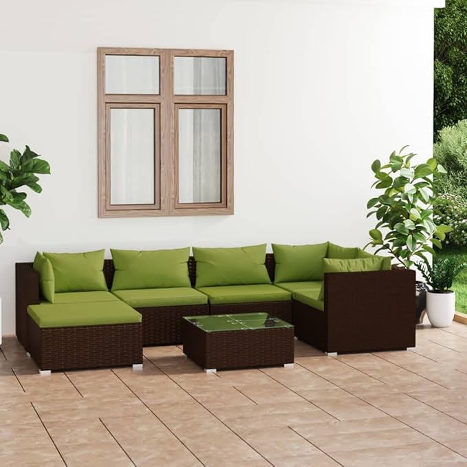 7 Piece Patio Lounge Set with Cushion, Outdoor Patio Sectional Patio Lounge Set Piece Patio Set Furniture Conversation Sets s Poly Rattan Brown