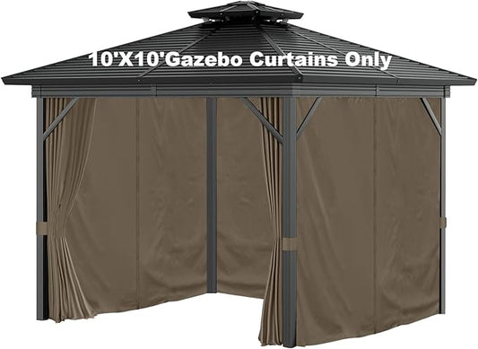 Gazebo Curtains 10'x10' Outdoor Waterproof, 4-Panels Sidewall Curtains Universal Replacement with Zipper for Patio, Backyard, Garden (Brown, 10'x10')