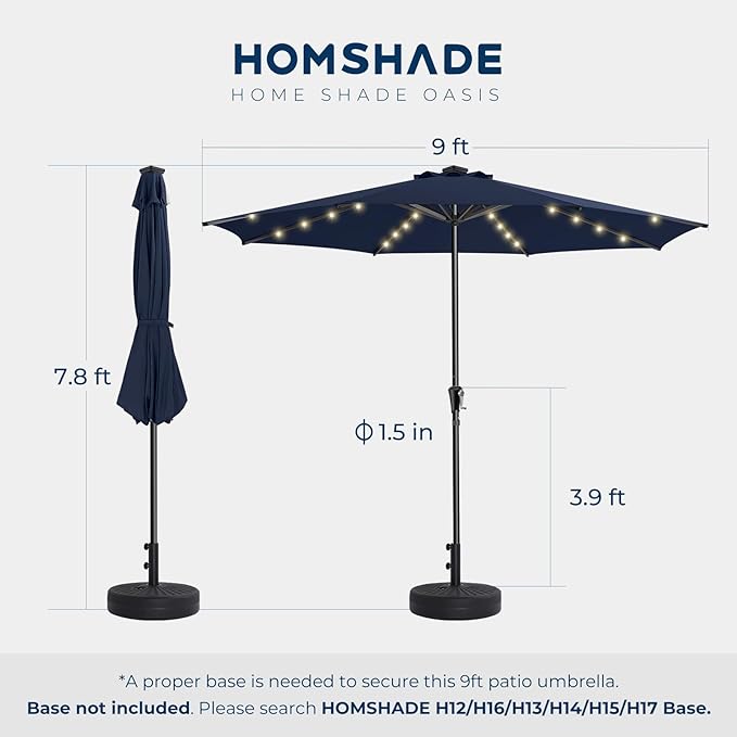 HOMSHADE 9ft Solar Patio Umbrella - Solar Lights LED Lighted Outdoor Market Table Umbrella, UPF50+ UV Protection with Push Button Tilt, Crank for Pool Deck and Garden (Navy Blue)