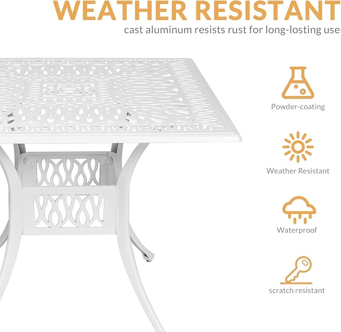 5-Piece Outdoor Patio Dining Set, All-Weather Cast Aluminum Patio Furniture Set for Backyard Garden Deck with 4 Chairs, 4 Cushions and 35.4” Square Table, 2.2" Umbrella Hole, White