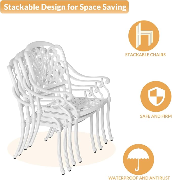 7-Piece Outdoor Patio Dining Set, 60” Rectangular Cast Aluminum Dining Table with Umbrella Hole and 6 Outdoor Dining Cushioned Chairs, Patio Funiture Set for Backyard, Patio, Garden, White