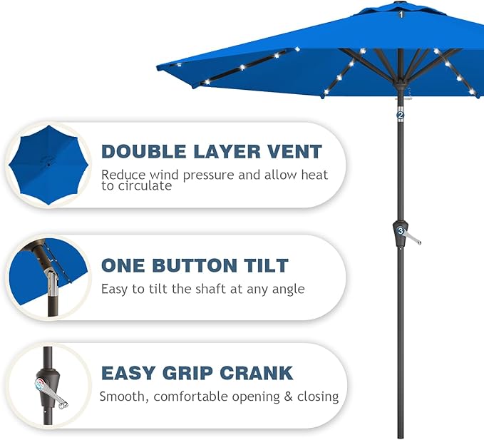 9FT Patio Umbrella with Solar Lights,Outdoor Market Umbrella with Tilt and Crank, LED Lighted Table Umbrella for Garden,Deck,Backyard,Pool,Beach (Royal blue)