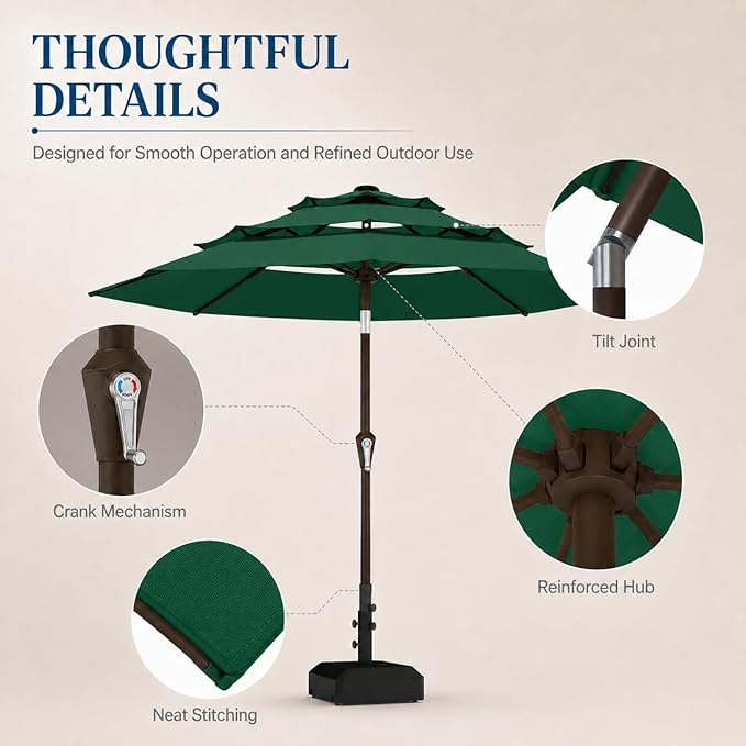 10ft Patio Umbrella, 3-Tier Vented Outdoor Table Umbrella with 8 Sturdy Fiberglass Ribs, Windproof Market Umbrella with Push Button Tilt and Crank, UV Protection for Deck, Pool, Forest Green