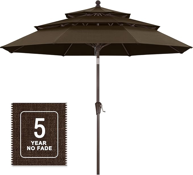 MASTERCANOPY 9ft 3-Tier Olefin Patio Umbrella with Tilt Crank, 5-Year-Non-Fading Canopy & 8 Fiberglass Ribs for Deck, Patio, and Garden, Light Coffee