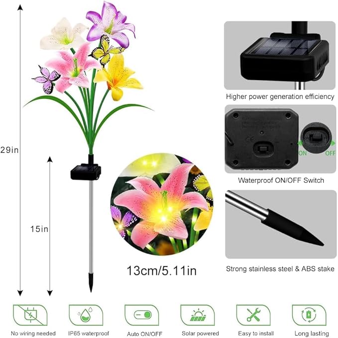 Solar Lights Outdoor, Gift for Women Mom Grandma, 2 Pack with 8 Solar Lily Flower Lights and Butterfly Decor, Solar Flower Lights Waterproof, Outside Decor Stake Light for Landscape Yard Patio Lawn