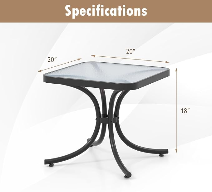 HAPPYGRILL Outdoor Side Table Set of 2, Square Patio End Table with Tempered Glass Top, 20" Bistro Table with Metal Frame, Small Compact Coffee Table for Garden Backyard Poolside