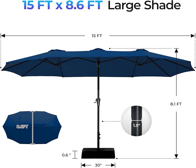 SUPERJARE 15FT Outdoor Patio Umbrella with Base Included, Double Sided Pool Umbrellas with Fade Resistant Canopy, Extra-Large Table Umbrella for Deck, Market, Backyard, Navy Blue