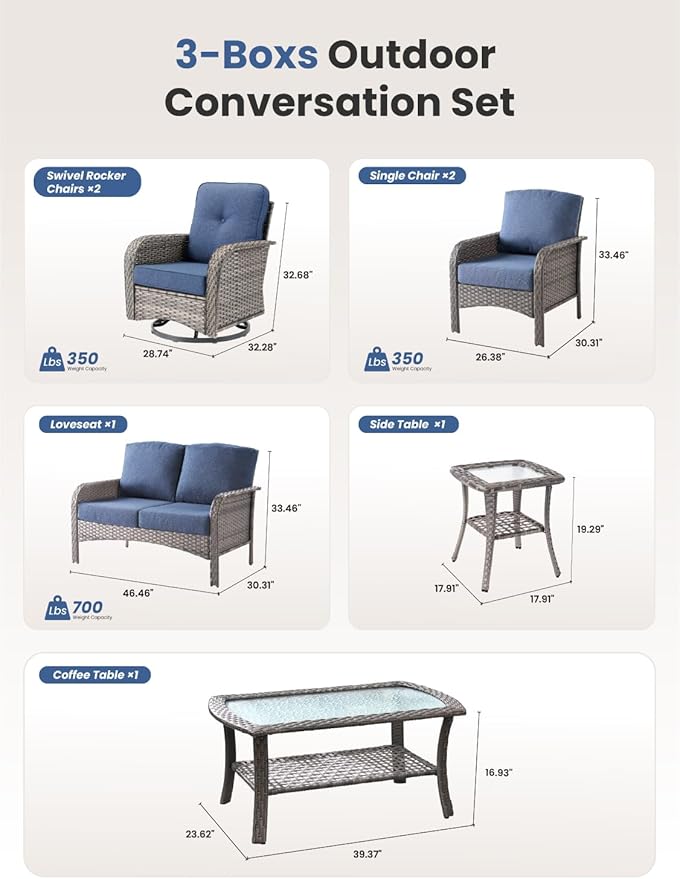7-Piece Outdoor Patio Furniture Set with Swivel Chairs, Outdoor Conversation Wicker Sofa with Coffee Table, Rattan Couch for Deck Yard Poolside, Blue